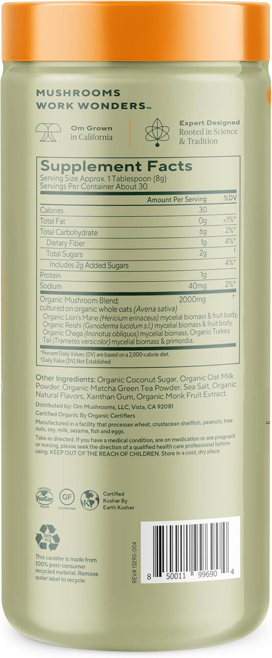 OM MUSHROOM SUPERFOOD Matcha Latte Blend – Green Tea Mushroom Powder with Lion’s Mane, Reishi, Chaga & Turkey Tail – Focus, Calm & Stress Support – 8.47 oz Canister (30 Servings)