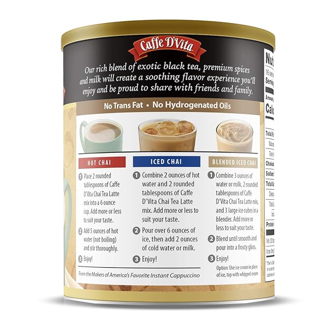 Caffe D'Vita Spiced Chai Latte Mix - Chai Tea Latte Powder Mix, Gluten Free, Chai Tea Powder, No Cholesterol, No Hydrogenated Oils, No Trans Fat, Spiced Chai Latte Powder Mix - 1 Lb Can