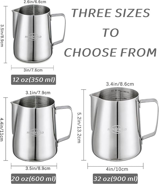 Milk Frothing Pitcher 32 Oz, Milk Frother Cup 304 Stainless Steel Steaming Jug with Clear Scale and Latte Art Pen, Barista Tools for Espresso, Cappuccino, Coffee Machine Accessories (900ml)