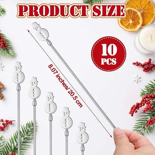 10 Pcs Winter Snowman Drink Stirrers Stainless Steel Christmas Coffee Stirrers Metal Reusable Swizzle Sticks Snowman Cocktail Stir Stick Chocolate Hot Cocoa Supplies for Winter Party Decor