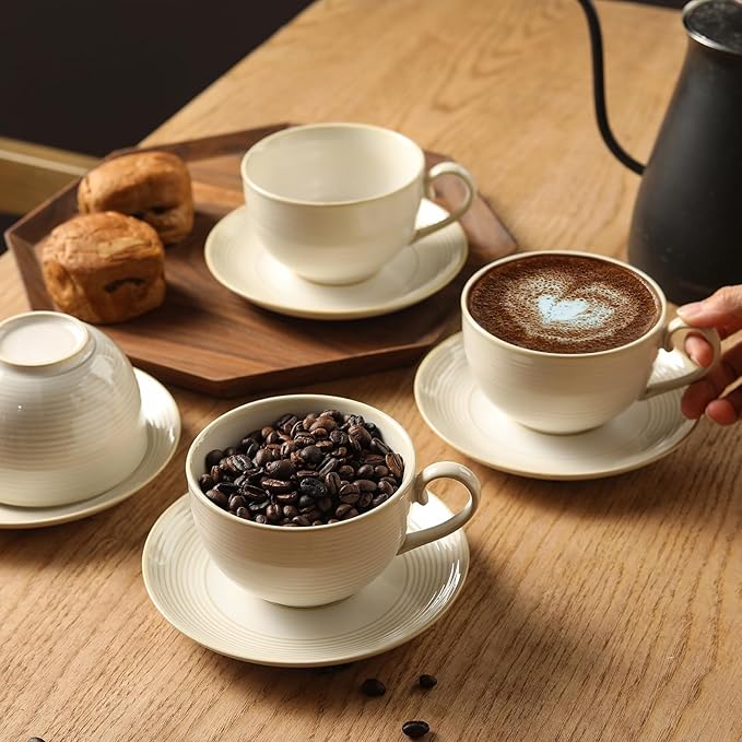 12Oz Coffee Cups with Saucers, Ceramic Espresso Cup Set of 4, Cappuccino Cups Set, Tea Mugs and Saucer, Microwave Dishwasher Safe Drinkware for Home, Cafe, Housewarming Gifts
