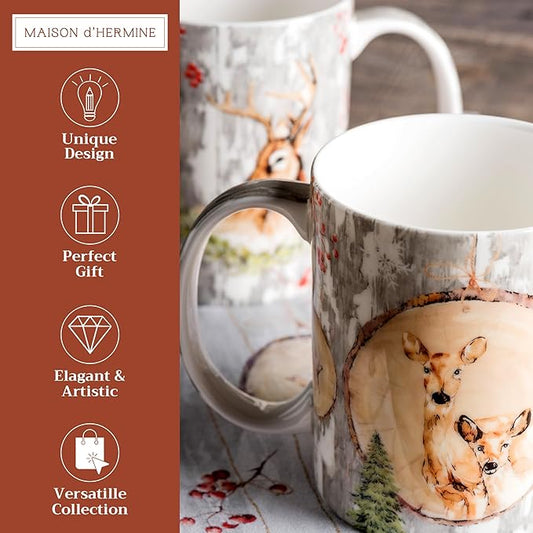Maison d' Hermine Coffee Mug with Handles Fine Bone China Mugs Pack of Two Tea Cups for Hot Beverages Cappuccino Latte Home Restaurant Office Perfect for Gift (Mountain Life, 12 Ounce)