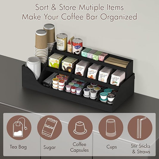 Suli Exact Large Coffee Station Organizer,Wooden Countertop Pods Holder with Drawer,Storage for Condiment Syrup Tea Cups,Rustic Bar Decor for Accessories Organizer (3 Tiers 18 Compartments)-Black