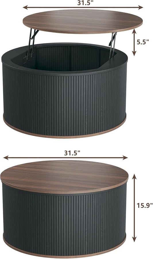 Round Coffee Table with Storage, 31.5" Lift Top Coffee Table, Mid Century Modern Coffee Tables for Living Room, Apartment Office, Fluted Table with Rustic Wood Desktop