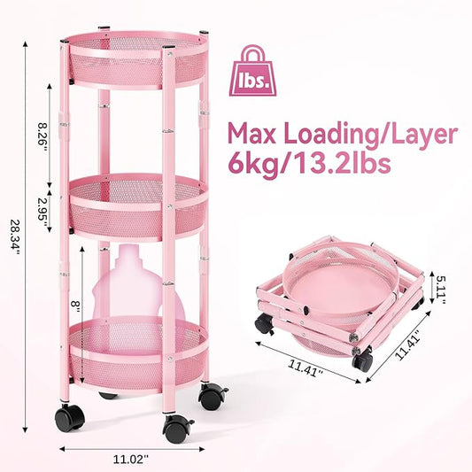 TOOLF 3-Tier Foldable Metal Storage Rolling Cart, Collapsible Utility Cart, No Assemble, Multifunction Organizer Trolley with Lockable Wheels for Kitchen, Living Room, Bathroom, Pink