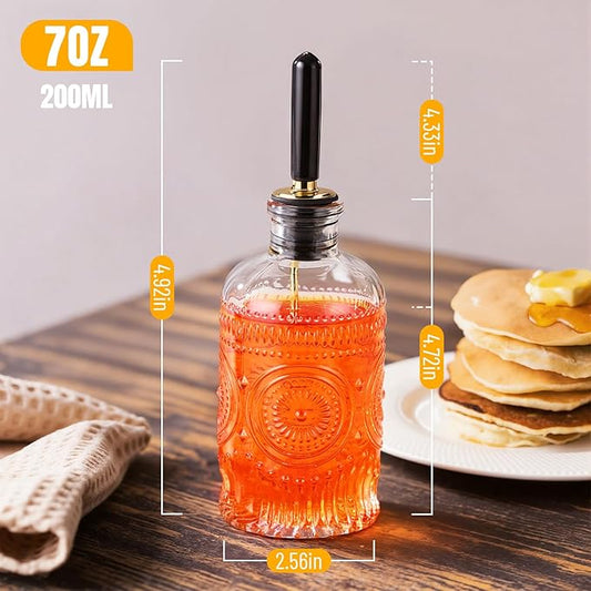 4-Pack Coffee Syrup Dispenser, 7 OZ/200ML Honey Dispenser, Small Syrup Bottles with Funnel & Extra Nozzles, Glass Syrup Dispenser for Coffee Shop, Home Kitchen