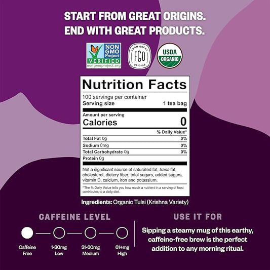 FGO Organic Tulsi Holy Basil Tea, 100 Count, Eco-Conscious Herbal Tea Bags, Resealable Bag, Caffeine Free, Packaging May Vary (Pack of 1)