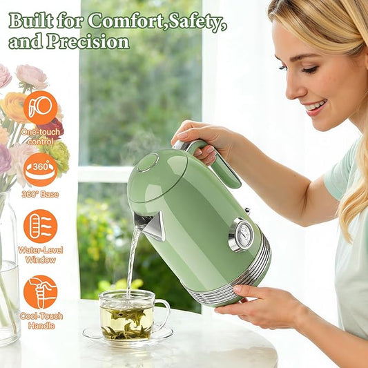 Electric Kettle - 1.7L Hot Tea Water Boiler with Thermometer, 1500W Fast Heating Stainless Steel Pot, Cordless LED Indicator, Auto Shut-Off & Boil Dry Protection, Retro Green