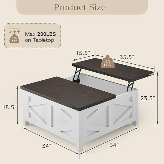 TOLEAD 36" Farmhouse Lift Top Coffee Table with Storage, Square Coffee Table with Charging Station, Living Room Center Table with Large Hidden Space, White