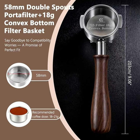 Espresso Accessories, 58mm Double Spout Portafilter with 18g Convex Filter Basket (715 Holes), Walnut Wood Handle, Compatible with La Marzocco, Slayer, Rocket Espresso, Lelit & E61 Machines
