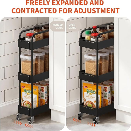 HOTEAGLE 3-Tier Rolling Cart Metal Expandable Utility Carts with Wheels, Ideal Storage Organizer for Livingroom, Bedroom, Kitchen and Bathroom, Black