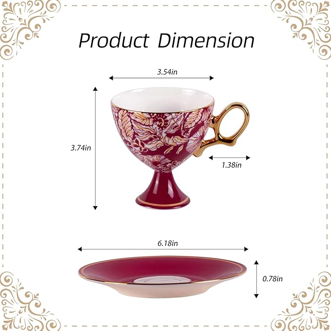 KAMMAK Ceramic Coffee Cups and Saucers Set of 2, Porcelain Espresso Cups with Saucers, 7.7 oz Handcrafted Ceramic Floral Coffee and Tea Cup, Vintage Drinkware for Tea Party, Office, Women Gifts