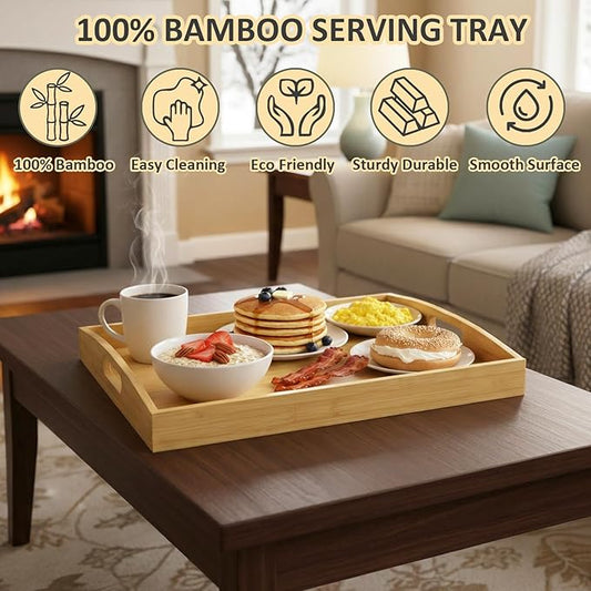 Bamboo Serving Tray with Handles, Set of 2 Large Wood ServingTrays for Food & Coffee, Elegant Wooden Tray for Breakfast in Bed, Kitchen & Party
