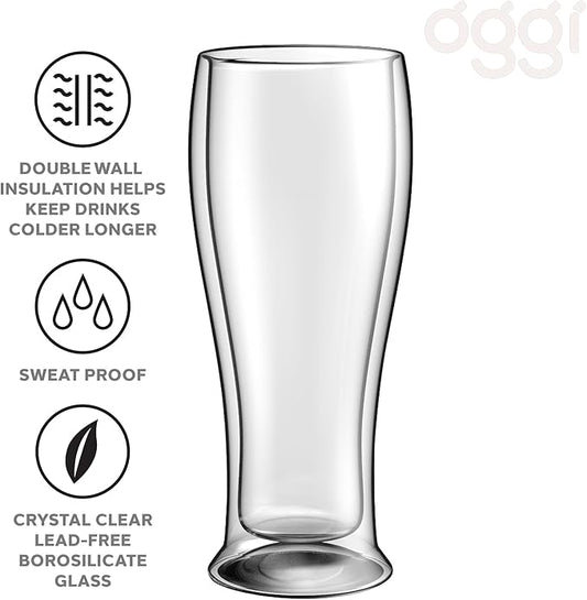 Oggi Beer Double Wall Insulated Glass Mug, Ideal for IPA ale lager stout pilsner, Beer Stays Cool Longer Even Outdoors, Visually Stunning, 14oz / 400ml, Set of 2