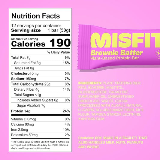 Misfits Vegan Protein Bars - Fudgey Brownie Batter| Nutrition Bars - 14g Protein, 1g Sugar, Plant-based, Low Carb, Non-GMO, Gluten Free Snacks | Pack of 12