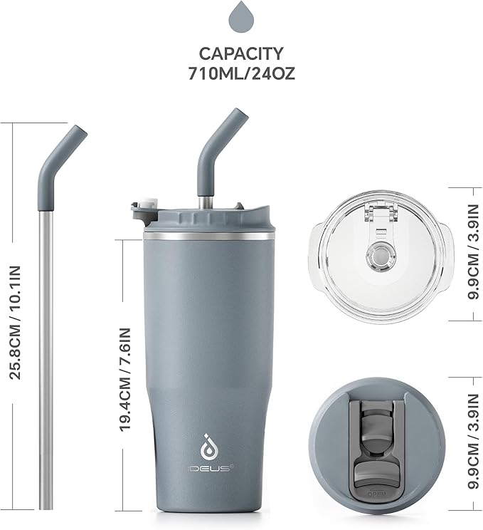 Ideus Insulated Tumbler with Lid and Straw 24 oz, Stainless Steel Double-Wall Vacuum Leak-Proof Travel Coffee Mug, Cup Holder Friendly, Ultimate Gray