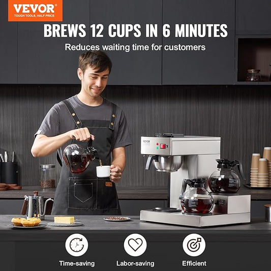 VEVOR 12 Cups Commercial Drip Coffee Maker, Coffee Maker Machine with 3 Glass Carafes and 3 Warmer Plates, Stainless Steel Pour Over Coffee Brewer for Restaurant, Office, Cafe