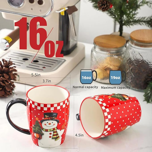 HASENSE Christmas Coffee Mugs Set of 6, 16oz Ceramic Coffee Cups with Handle–Suitable for Tea,Soup,Latte,Hot Cocoa & Milk,Large Latte Cups for Holiday Gift,Dishwasher and Microwave Safe,Red