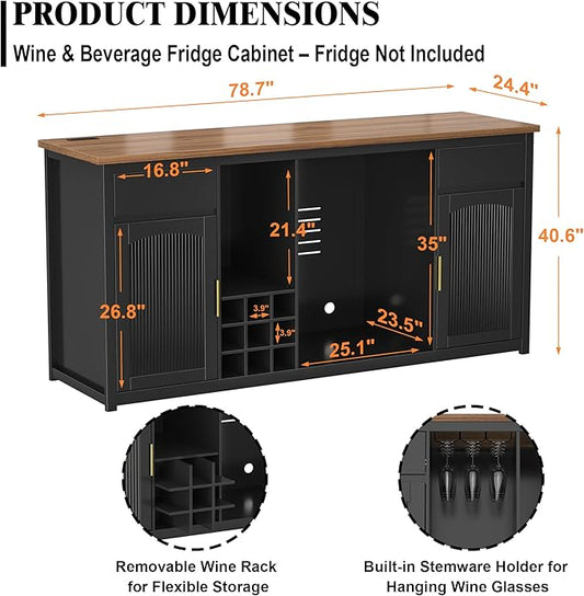 GDLF Extra Long Bar Cabinet with Fridge Space, Modern Wine Liquor Cabinet with Storage and Power Outlet, Buffet Sideboard with Fluted Doors for Home, 78.7 Inch, Black