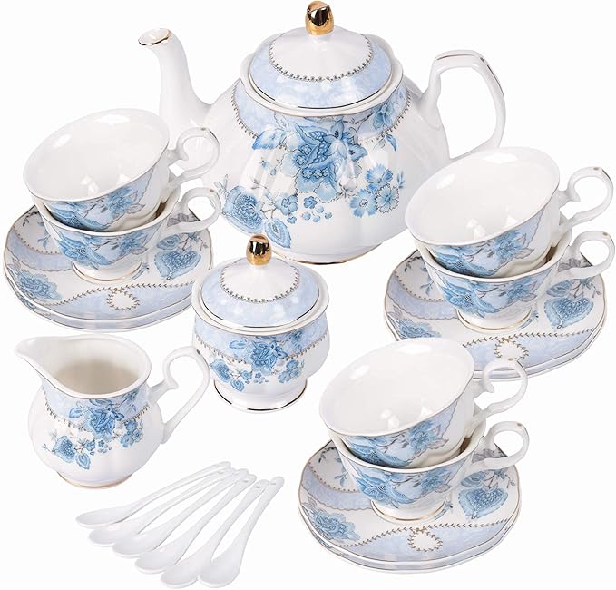 fanquare Blue Flowers Porcelain Tea Set, Tea Cup and Saucer Set Service for 6, Wedding Tea Set with Sugar Bowl Cream Pitcher, Floral Coffee Set for Tea Party