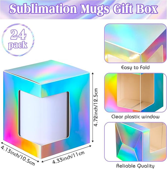 Harloon 24 Pcs Mug Boxes for Gifts Coffee Box for Blanks Sublimation Mugs Packaging 11oz, 12oz, 15oz Transparent Ceramic Coffee Cups Gift Box(Laser Color)