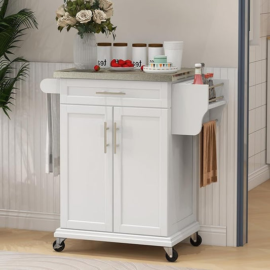 HOMCOM Kitchen Island on Wheels, Rolling Kitchen Cart with Stainless Steel Countertop, Drawer, Towel Rack and Spice Rack, Utility Storage Trolley, Cream White