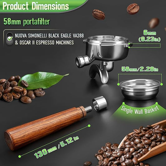 58mm Portafilter for Nuova Simonelli Black Eagle VA388 & Oscar II - Dual Spout Handle with Rosewood Grip, 304 Stainless Steel Basket