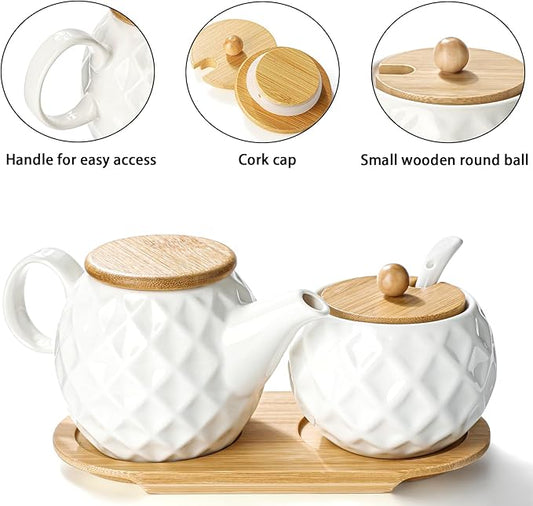 Ceramic Creamer and Sugar Sets,12oz Cream Pitcher, 7.5oz Sugar Bowl with Tray, Spoon and Lid for Cream and Sugar Spices, Condiments, Coffee Accessories,Tea