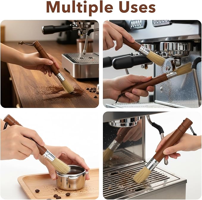 2-Pack Coffee Grinder Cleaning Brush, Espresso Machine Cleaner Tool, Coffee Brushes with Natural Rosewood Handle and Boar Bristle Used on Group Heads, Shower Screen, Portafilter, Scoop, Tamper