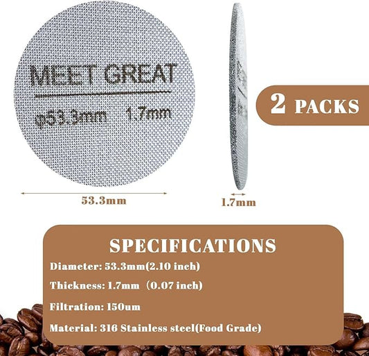 Meet Great- 2 Packs 53.3mm Espresso Puck Screen, 1.7mm Thickness 150μm 316L Stainless Steel, Upgraded Reusable Coffee Filter Screen for 54mm Breville Portafilter Filter Basket