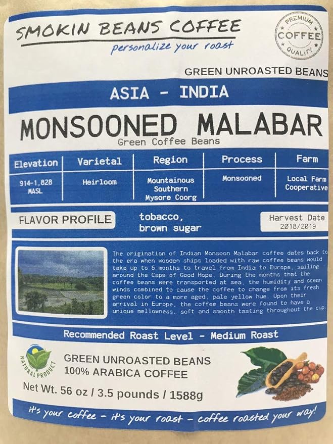 3.5-Pound India Monsooned Malabar Unroasted Green Arabica Coffee Beans Fresh Current Crop Specialty Grade Roast the Beans Yourself at Home on Your Roasting Equipment Prior to Using for Brewing Coffee