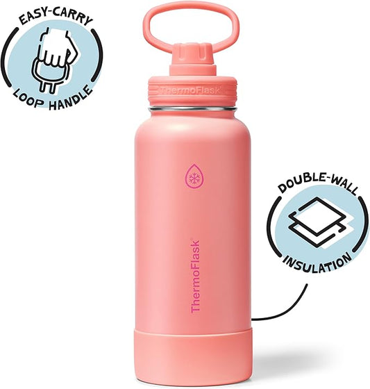 ThermoFlask 32 oz Double Wall Vacuum Insulated Stainless Steel Water Bottle with Spout Lid, Sunkissed Coral