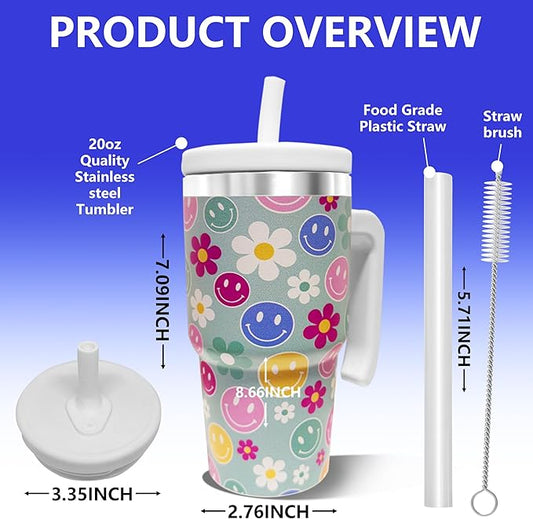 2PCS 20-OZ Insulated Water Bottle,Insulated Stainless Steel Tumbler,Reusable Cold Drink Thermos,BPA-Free, Double-Wall Stainless Steel Water Bottle (Green-Simleyface Flowers, 20, Fluid Ounces)