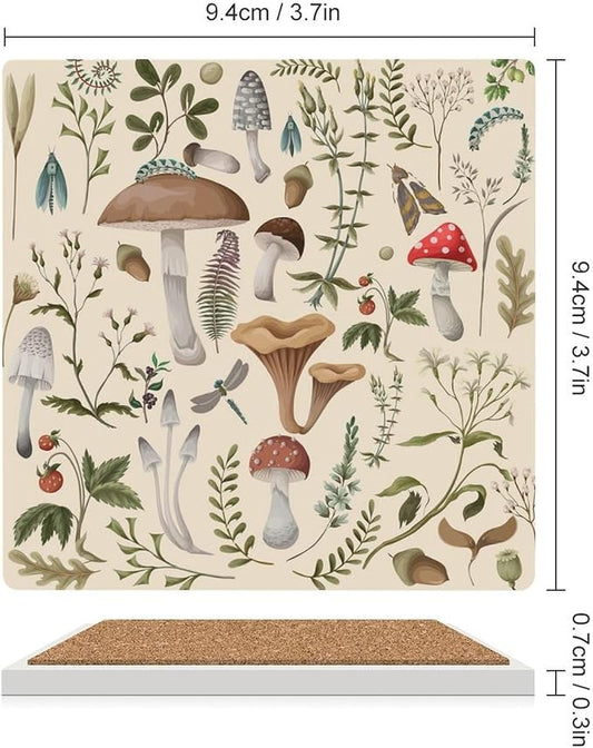 Square-6PCS Botanical Drink Coasters, Square Modern Ceramic Absorbent Coasters, Nature Cartoon Botanical Leaves Mushroom Plants Pattern Decor Desk Coffee Table Coaster for Beverage Cup Tea Coasters