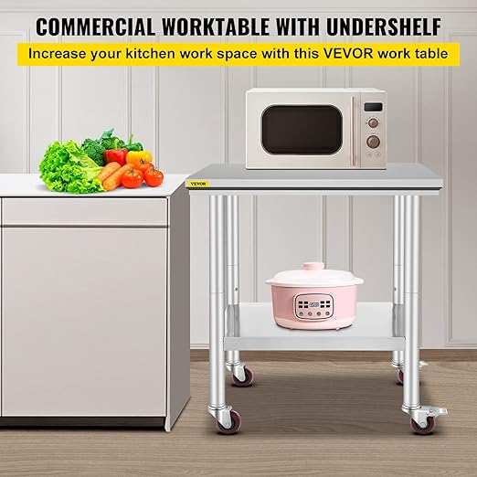 Mophorn Stainless Steel Work Table with Wheels 30 L* 24 W * 33 H Inch Prep Table with 4 Casters Heavy Duty Work Table for Commercial Kitchen Restaurant Business, Silver and Black
