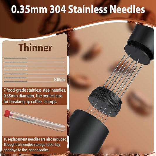 WDT Espresso Distribution Tool Espresso Stirrer Tools for Barista, 0.35mm 7 Needles Espresso Coffee Stirrer with Extra 7 Replaceable Needles, Aluminum Alloy Handle with Stand (Black)