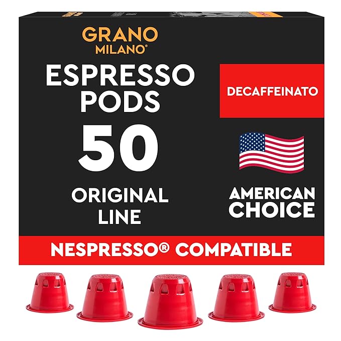Grano Milano Ristretto Decaf - 50 Espresso Pods Compatible with Nespresso Original line, Medium Roast - Intensity 10/12, Coffee Capsules Made in Italy Espresso Coffee