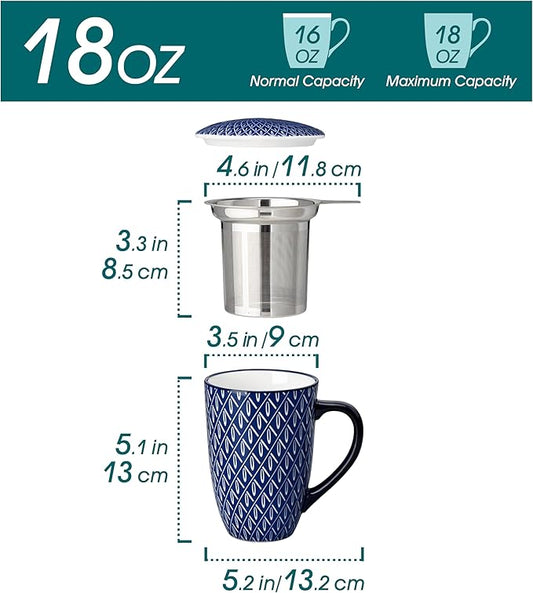 vancasso SELENE Porcelain Tea Mug, 18 oz Porcelain Tea Cup with Infuser and Lid Steeps Loose Leaf Tea, Microwave & Dishwasher Safe, Geometric Weave