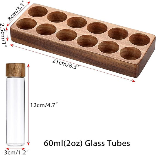 JUXYES Set of 12 Single Dose Coffee Bean Storage Tubes with Wooden Stand and Lids, Dosing Glass Vials for Coffee Storage, Coffee Bean Container Cellars, Espresso Bean Canisters Set, 2 fl oz