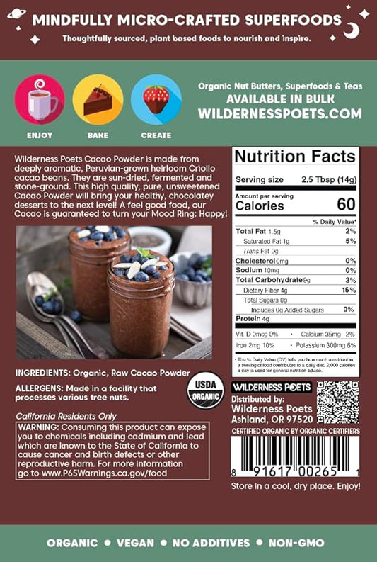 Wilderness Poets, Organic Cacao Powder. Unsweetened, 100% Peruvian Heirloom Cacao (Criollo Variety) - 4 Pound - 64 Ounce Bulk Size