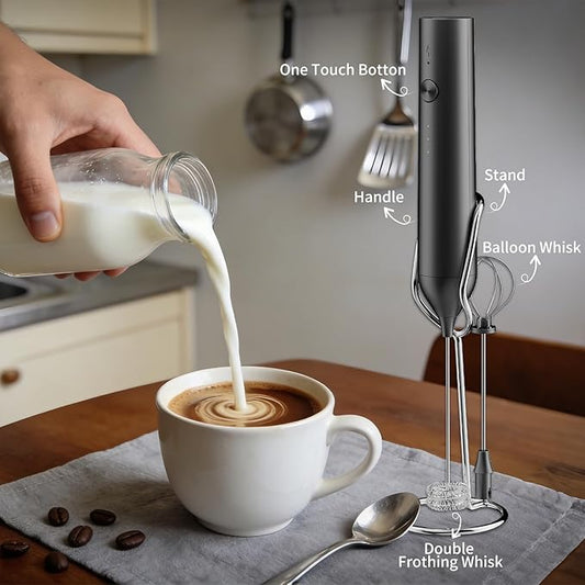 Kitchen Milk Frother Handheld with Stand, 3 Speeds Adjustable Mixer Electric Handheld Frother Wand, Hand Mixer Matcha Whisk Coffee Stirrers for Matcha, Hot Chocolate, Egg, Lattes - Black