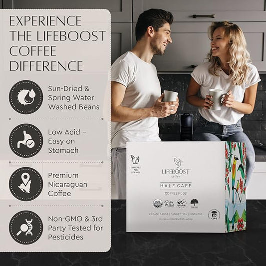 Lifeboost Half Caff Coffee K Cups - Low Acid Half Caff Coffee Pods - Non-GMO Mold Free Pods Compatible with Keurig & Keurig 2 - Third Party Tested for Mycotoxins and Pesticides - 10 Count