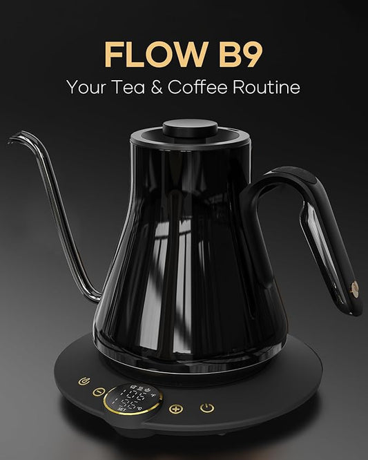 Cocinare Barista Collection Gooseneck Electric Kettle, ±1℉ Precise Temperature Control for Pour-Over Coffee & Tea, Quick Heating 1500W, Stainless Steel Interior, 0.9L (Soulages Black)