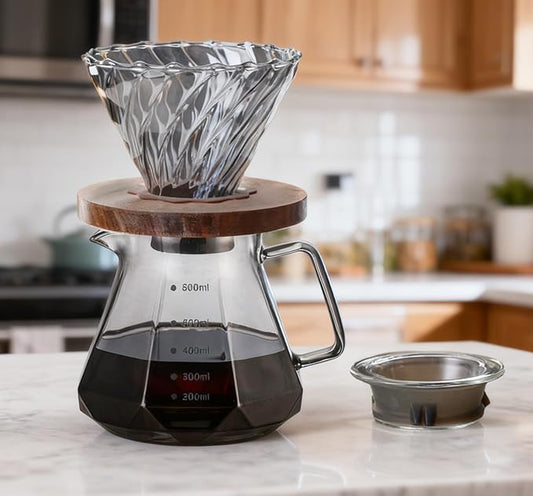 BeeCa Smoked Glass Pour Over Coffee Maker Set, 20oz/600ml All-in-One Brewer, Borosilicate Carafe with Handle & Lid, Includes 50 cone-shaped paper filters (Size 02), Home Office Essential