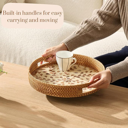 YANGQIHOME Round Rattan Tray with Handle, Mother of Pearl Inlay Decorative Wicker Basket for Coffee, Bread, Fruits, Serving Tray for Home Decor, Pink Clover