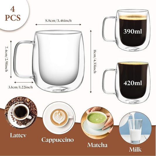 Glass Coffee Cups, Double Walled Glass Coffee Mugs 14oz, Insulated Clear Coffee Mug for Espresso Cappuccino Latte Tea Hot Iced Beverage, Expresso Cups coffee mugs set of 4 glass