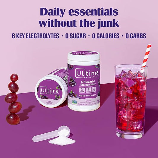 Ultima Replenisher Daily Electrolyte Powder Drink Mix – Sugar Free – Grape, 90 Servings – Hydration Powder with 6 Key Electrolytes and Trace Minerals – Keto Friendly, Vegan, Non-GMO