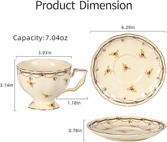 KAMMAK Tea Cups and Saucers Set of 2, Porcelain, 7.8-Ounce | Stackable Espresso Mugs | Imperial Court Collection | Ceramic Demitasse | For Coffee, Latte, Americano, Tea
