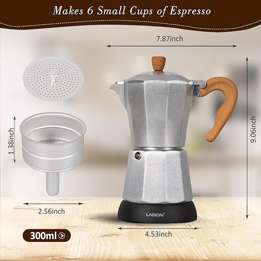 Cafeteras Electricas Modernas,6 Cup Portable Espresso Maker,300ml Moka Pot with Detachable Base & Overheat Protection, Great for Home,Office, or Travel, a Thoughtful Gift for Coffee Lovers