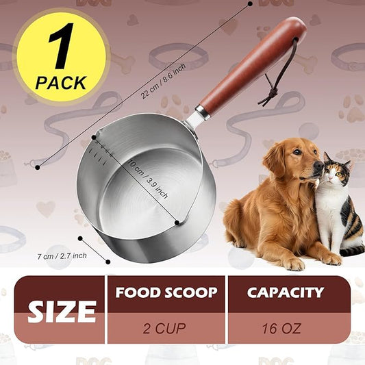 Ashmacdo 2 Cup Dog Food Scoop 304 Stainless Steel Dog Food Measuring Cups Metal Pet Scooper with Inner Precision Scale Measurement for Dogs, Cats, Birds & Rabbits